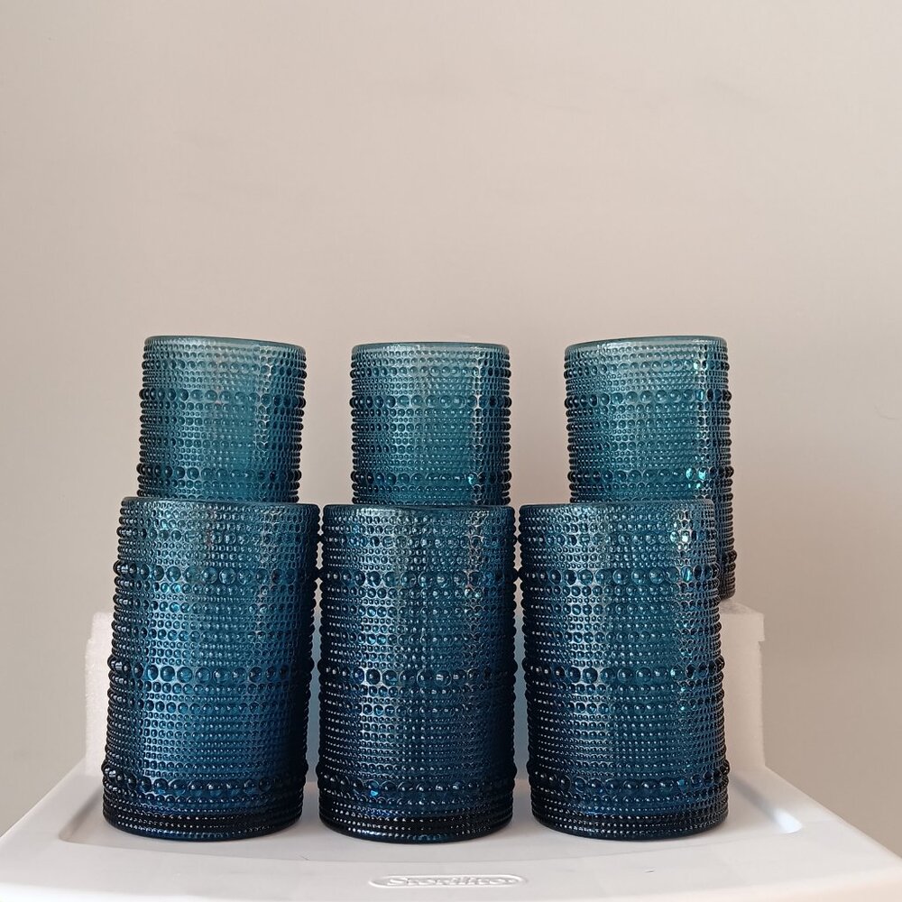 Fortessa Jupiter Beaded Hobnail Glass Tumbler Set of 6 Blue 13 Ounce Beverage